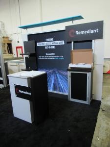 Modified ecoSmart ECO-1067 Sustainable Exhibit with Fabric and Direct Print Graphics, Canopy, Shelves, Backwall Counter, Monitor Mount and ECO-33C Podium