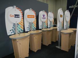 RENTAL:  (10) RE-1212 Tapered Counter Kiosks with Profile Cut Sintra Graphics -- Image 1