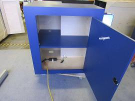 Modified VK-5149 Island Exhibit with (4) Lightbox Towers with Attached Counters and Locking Storage, Custom Counter with Halo Frame, and Large Two-sided Halo Lightbox