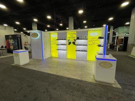 RENTAL: Inline Design with 176" Wide x 95" High Single-Sided Lightbox, 16" Wide x 95" High Single-Sided Lightbox, (3) 36" Wide x 95" High Single-Sided Bump-Out Walls with (3) 36" Wide x 10" Deep Black Laminated Shelves with Extrusion Supports, Gravitee Sy
