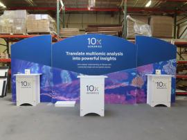 SYK-2038 Symphony Portable Display with SEG Fabric Graphics, (2) Monitor Mounts, (2) SYM-406B Portable Backwall Counters with Graphics, (1) SYM-406 Portable Counter with Locking Storage, and (2) LED Stem Lights