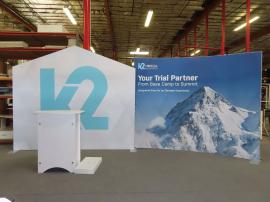 Modified SYK-2025 Symphony Portable Display with SEG Tension Fabric Graphics, Peak and Concave Frames, SYM-406 Portable Counter w/ Locking Storage, and LED Stem Lights -- View 2