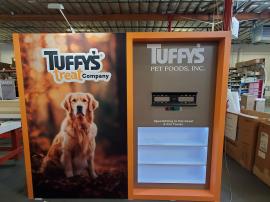 Custom Inline Exhibit with Fabric and Vinyl Graphics, Monitor Mount, Shelves, LED Accent Lights, and Custom Counter w/ Shelves and Locking Storage