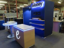 Modified GK-2990 Modular Inline with Halo Logo, (2) Monitor Mounts, (3) Shelves, (1) Closet Door, (2) Modified MOD-1596 Custom Counters with Programmable RGB LED Lights, and (1) MOD-1453 Bistro Charging Table