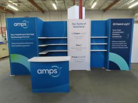 GK-2023 Backlit Reconfigurable Exhibit with SEG Fabric Graphics, (9) Shelves, Closet Storage, and GOD-1558 Reception Counter with Locking Storage