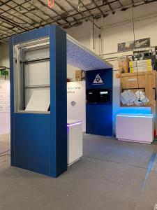 RENTAL: Arch Canopy Structure with Front Gravitee Wall @ 50" Wide x 15.5" Deep x 114" High, Back Single-Sided Support Wall @ 48" Wide x 114" High, Ceiling Canopy @ 138" x 48", Large Monitor Mount, L-Shape Gravitee Wall with Each Section @ 182" Wide x 95"