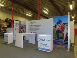 GK-2027 Gravitee Modular Inline with SEG Fabric Graphics, (3) Monitor Mounts, MOD-1735 Genius Bar, and (2) MOD-1724 Reception Counters with Locking Storage and RGB LED Accent Lights