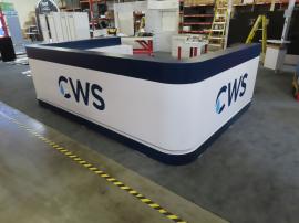 Custom U-shaped Bar with LED Lights, Electrical Outlets, and Locking Storage, Stage with RGB LED Lights, Hanging Circular Sign, MOD-1732 Genius Bar, and (4) ECO-8K Stands -- View 2