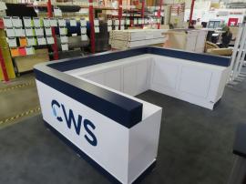 Custom U-shaped Bar with LED Lights, Electrical Outlets, and Locking Storage, Stage with RGB LED Lights, Hanging Circular Sign, MOD-1732 Genius Bar, and (4) ECO-8K Stands -- View 4