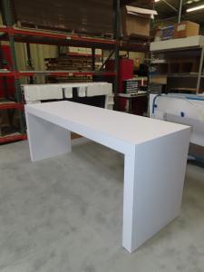 Custom U-shaped Bar with LED Lights, Electrical Outlets, and Locking Storage, Stage with RGB LED Lights, Hanging Circular Sign, MOD-1732 Genius Bar, and (4) ECO-8K Stands -- View 6
