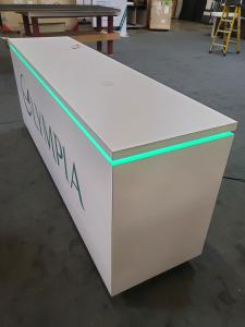 Modified MOD-1736 Counter (96" x 24" 38") with (2) Pop Up Power Grommets, RGB LED Accent Lights, Locking Storage, and Vinyl Graphic -- View 2