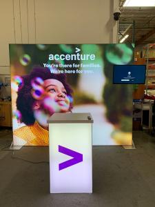 RENTAL: RE-1091 Inline Design with 114" Wide x 95" High Single-Sided Lightbox with Fabric Blocker Panel, Monitor Mount, 32&rdquo; Monitor, RE-1566 Backlit Reception Counter, SEG Backlit Fabric Graphics