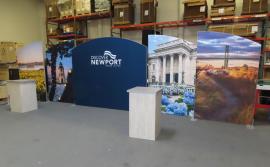 Reconfigurable Symphony Portable Display with Privacy Wall, Tension Fabric Graphics, and (2) LTC-131 Pedestals with with Locking Storage